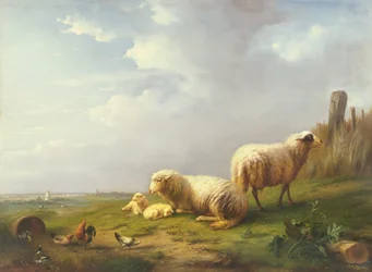 Ovelhas e galinhas numa paisagem, século XIX